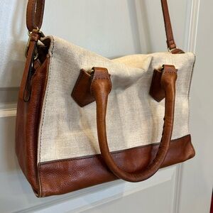 Fossil Brown Leather and Cream Textured Canvas Bucket Bag Purse